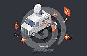 Concept Of Breaking Latest News. News Update, Online News. Characters Are Filming Reportage. Reporters Publishing True