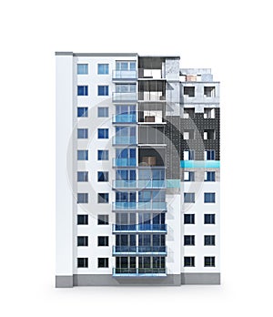 Concept of building a residential house, the scheme of warming the facade of a high-rise building