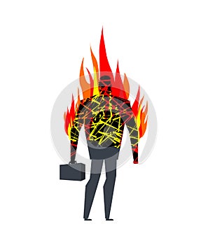 Concept about burning out. Businessman on fire