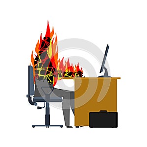 Concept about burning out. Businessman on fire