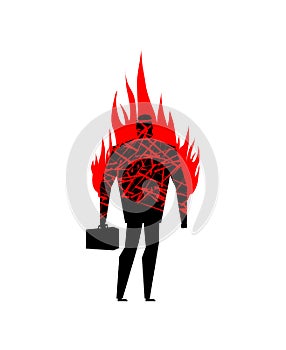 Concept about burning out. Businessman on fire