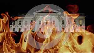 Concept of burning White House illustrating a Trump incitement and sedition that caused riots, insurrection and ravaging