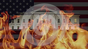 Concept of burning White House illustrating a Trump incitement and sedition that caused riots, insurrection and ravaging