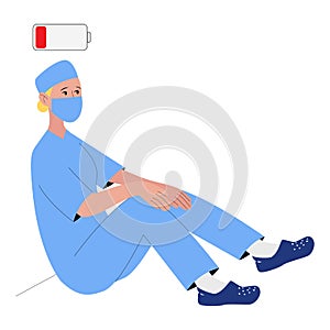 Concept burnout doctor. Tired women doctor in masks and uniforms are sad. Vector illustration in flat cartoon style.