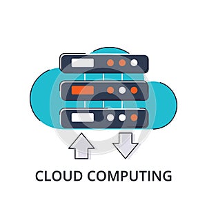 Concept of business cloud computing in flat line design.