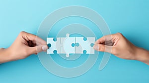 Concept of business, hands holding a jigsaw puzzle on pastel blue background