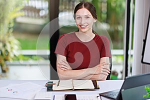 Concept of business office woman working,Businesswoman smile while working about her invesment plan with analyzing document and