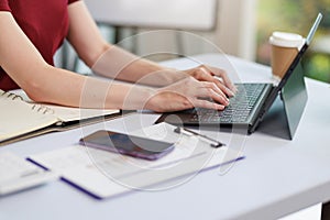 Concept of business office woman working,Closeup businesswoman checking her invesment plan with analyzing document and business