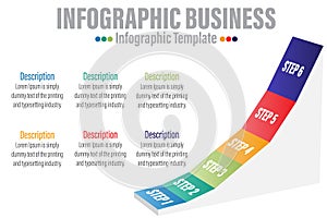 Concept business process with 6 Steps 6 successive steps. Three colorful graphic elements. Timeline design for brochure,