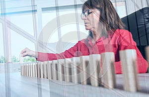 Concept of business progress with wood blocks, double exposure