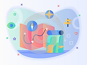 Concept of business roadmap strategy icon set compass map brocure backpack signpost with flat style.