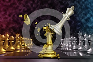 Concept of business strategic idea and competition. Chess Board team of a silver king cracks a golden king chess. Leadership