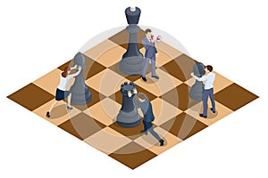 Concept business strategy. People moving chess pieces on chess board. Isometric businessmen and women playing chess game