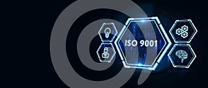 The concept of business, technology, the Internet and the network.  virtual screen of the future and sees the inscription: ISO