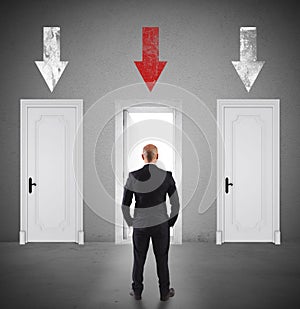 Concept of businessman choosing the right door