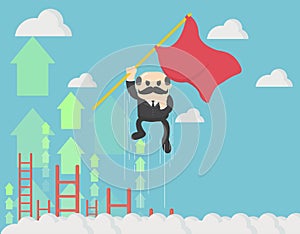 Concept of a businessman holding a red flag flying up the sky with arrows.The effort comes with success