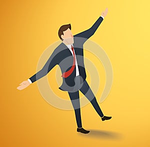 Concept of businessman or man in crisis walking in balance on rope over sky background