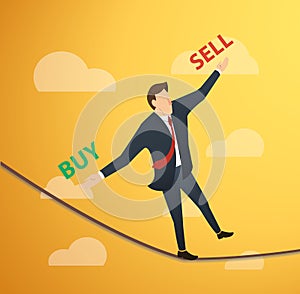 Concept of businessman or man in crisis walking in balance on rope over sky background