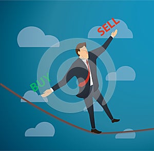 Concept of businessman or man in crisis walking in balance on rope over sky background