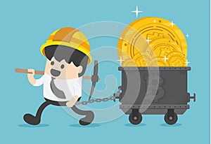 Concept with businessman miner and coins. working in bitcoin mi