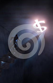 Concept with businessman run up stairs to chasing money in dark room. Photorealistic 3D rendering