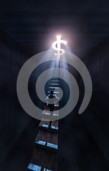 Concept with businessman run up the stairs to chasing money in dark room. Top angle. Photorealistic 3D rendering