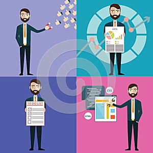 Concept of businessman with task, multitasking, marketing, office work and colleges.