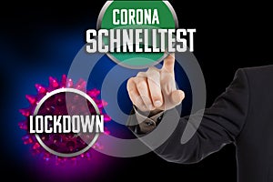 Concept: Buttons with the Word Lockdown and the German word Corona Schnelltest Antigen Rapid Test