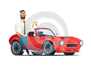 Concept buying or renting a new or used red and speedy sports car. Modern cartoon style illustration isolated on white back