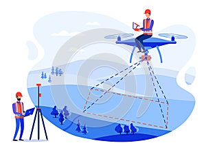 Concept cadastral engineers, surveyors and cartographers make geodetic measurements using a drone, copter