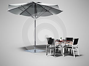 Concept cafe. Beach umbrella and table with chairs 3d render on gray background with shadow