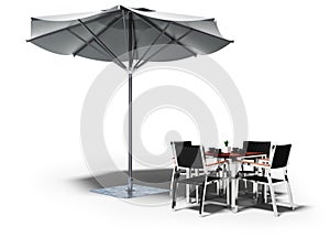 Concept cafe. Beach umbrella and table with chairs 3d render on white background with shadow
