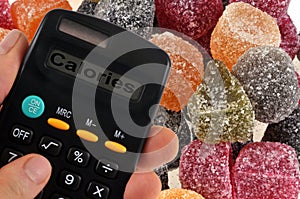 Concept of calculating candy calories with a calculator