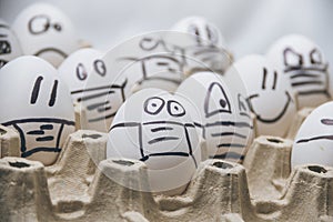 Concept of canceling easter because of oronavirus qarantine. close up of chicken easter eggs with doodle scared faces wearing