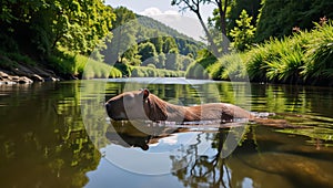 A capybara swims peacefully within a tranquil river setting