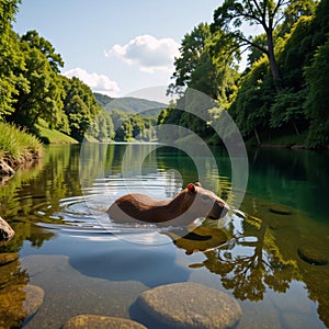 A capybara swims peacefully within a tranquil river setting