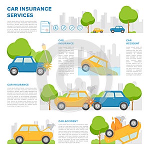 Concept of car insurance against various incidents. Page template with place for text and different car accidents photo