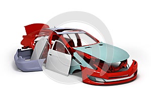 Concept car painted red body and primed parts near isolated photo