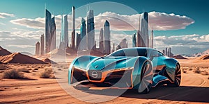 a concept car is parked in the middle of a desert in front of a city