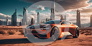 a concept car is parked in the middle of a desert in front of a city