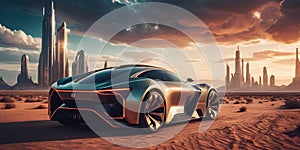 a concept car is parked in the middle of a desert in front of a city