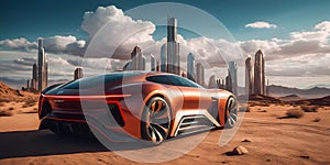 a concept car is parked in the middle of a desert in front of a city