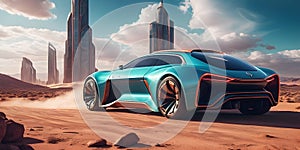 a concept car is parked in the middle of a desert in front of a city