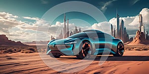 a concept car is parked in the middle of a desert in front of a city