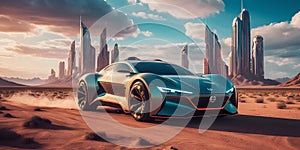 a concept car is parked in the middle of a desert in front of a city