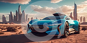 a concept car is parked in the middle of a desert in front of a city