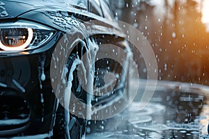 Concept Car Wash Services, Auto Car Wash Services SoapCovered Black Sedan Promoting Auto Care