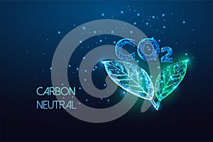 Concept of carbon neutral, net zero emission with CO2 and green leaves in futuristic glowing on blue photo