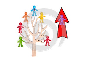 . The concept of career growth, goal achievement, leader replacement for better teamwork. Human figures isolated on white