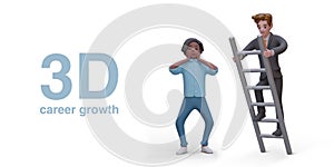 Concept of career growth. Guy watches in shock as man in business suit climbs ladder